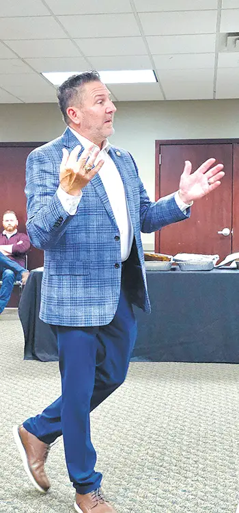 STATE SENATOR TODD GOLLIHARE speaks to the crowd at the Joint Civic Luncheon in Sapulpa on Thursday.
